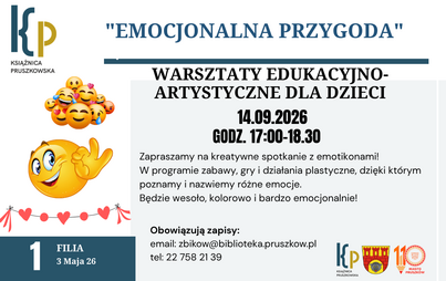 Zapraszamy na kreatywne spotkanie z emotikonami do Filii nr 1!  W programie zabawy, gry i działania plastyczne, dzięki którym poznamy i nazwiemy różne emocje. Będzie wesoło, kolorowo i bardzo emocjonalnie!