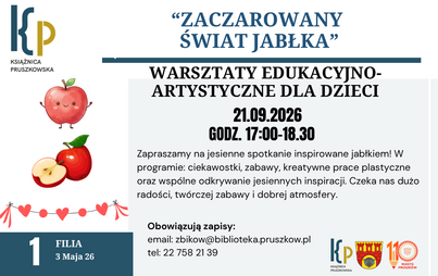 Zapraszamy do Filii nr 1 na jesienne spotkanie inspirowane jabłkiem! W programie: ciekawostki, zabawy, kreatywne prace plastyczne oraz wspólne odkrywanie jesiennych inspiracji. Czeka nas dużo radości, twórczej zabawy i dobrej atmosfery.